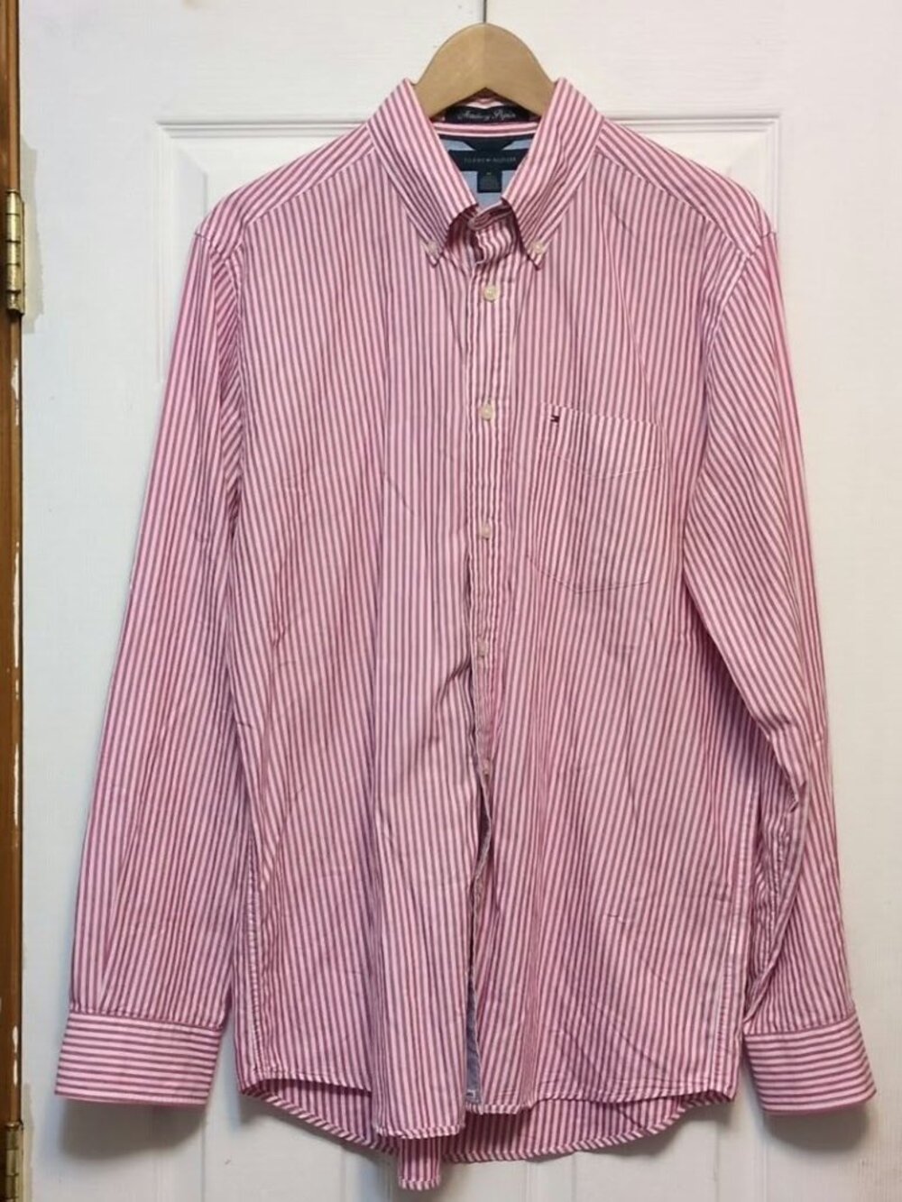 Tommy Hilfiger Men M Academy Poplin Long Sleeve Striped Button Up Shirt Pink Wht